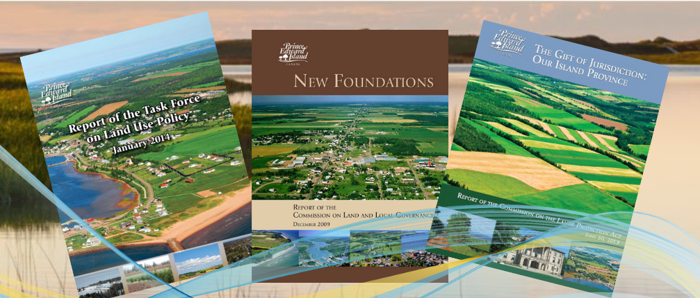 Thumbnails of PEI land reports with image of beach in background