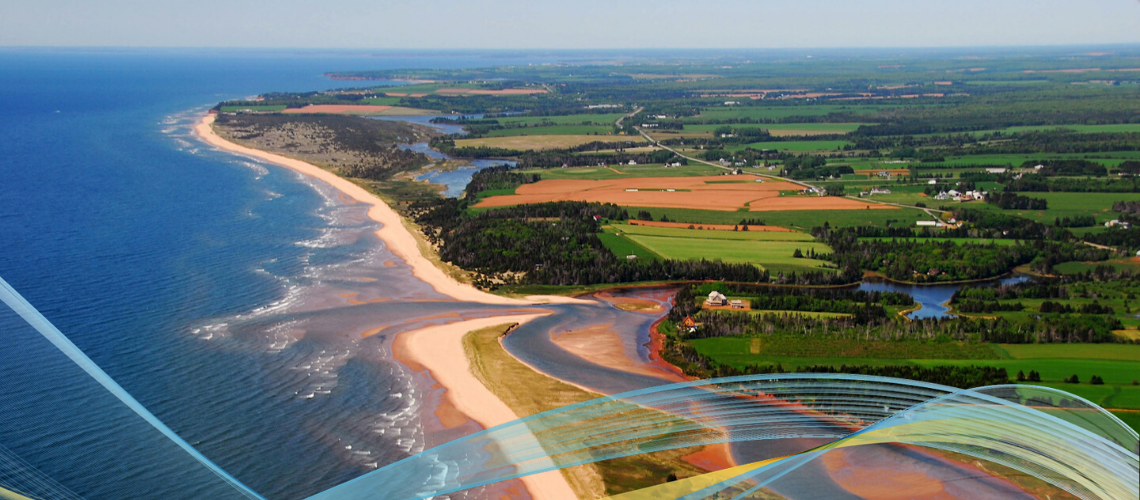 Aerial image of coastline of Prince Edward Island